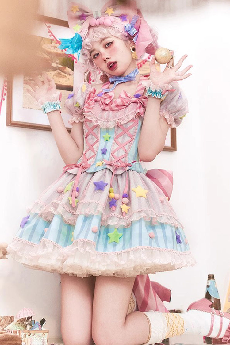 Pink Sugar Magic Print Ruffle Bowknot Lace Lace-Up Sweet Lolita Dress
