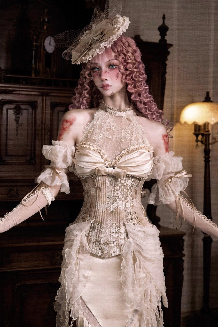 Golden Cupid's Poetry Box Halterneck Ruffled Embroidered Bow Lace Slim Fishbone Gothic Lolita Top and Skirt Dress Set