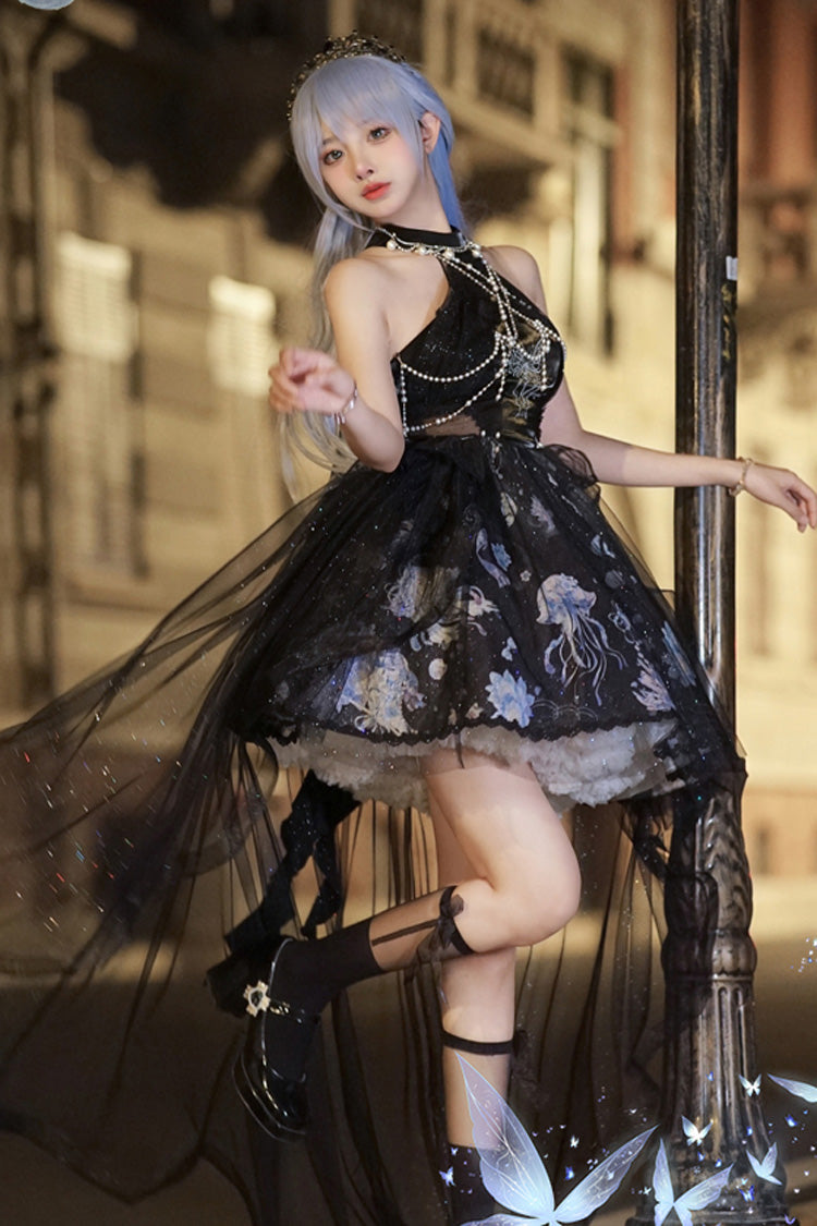 Blue Deep Sea Jellyfish Halterneck Sleeveless Print Embroidery Bowknot Lace Sweet Elegant Lolita Jsk Dress