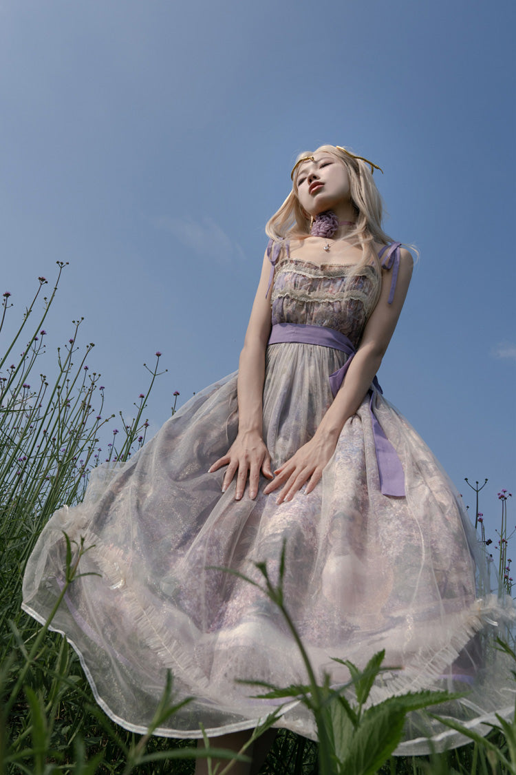 Purple Oil Painting – In the Shade of Blossoming Trees Sleeveless Print Ruffle Bowknot Lace Sweet Lolita Jsk Dress