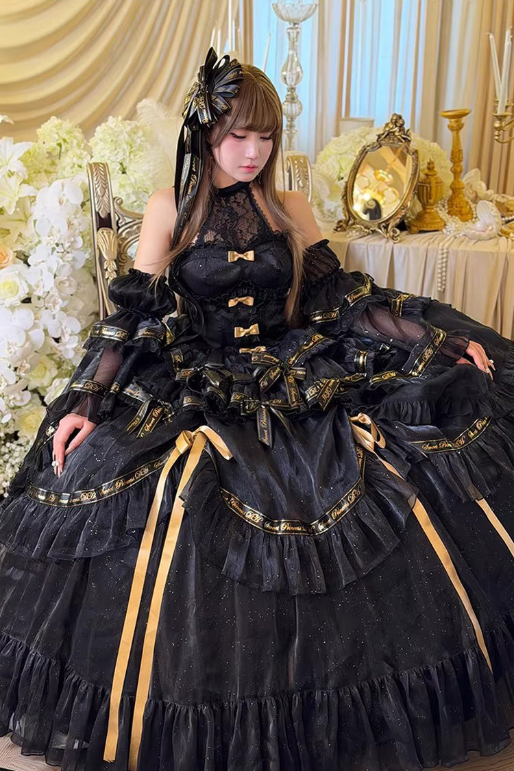 Black Obsidian Banquet Double-Layered Ruffled Hanayome Bow Lace Sweet Gothic Princess Lolita Jsk Dress