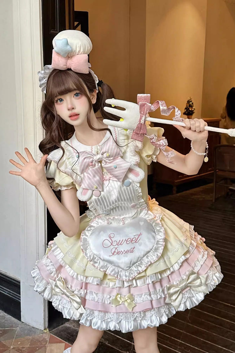 Yellow/Pink Sweet Bunny Chef Short Sleeves Multi-Layered Ruffle Bowknot Sweet Lolita Dress