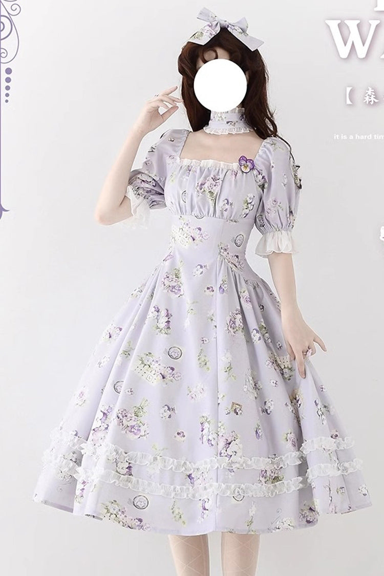 Forest Basket Print Short Sleeves Ruffle Lace Sweet Elegant Lolita Dress 6 Colors