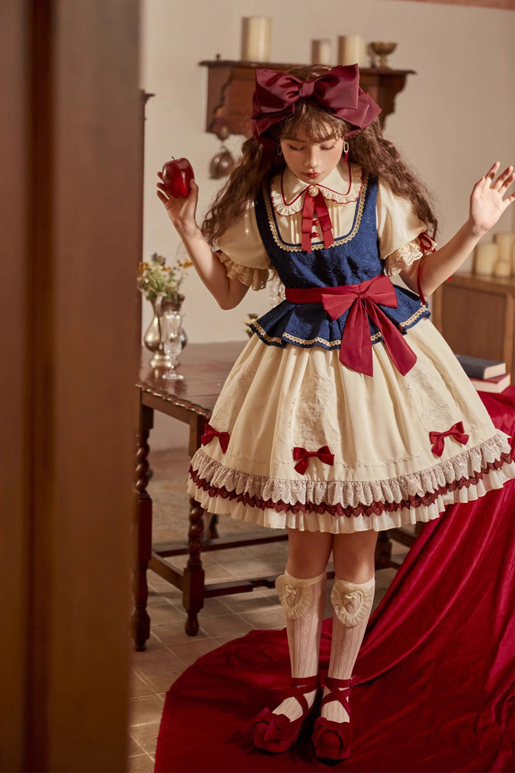 Multi-Color Snow White Lapel Collar Ruffle Short Sleeves Sweet Lolita Dress
