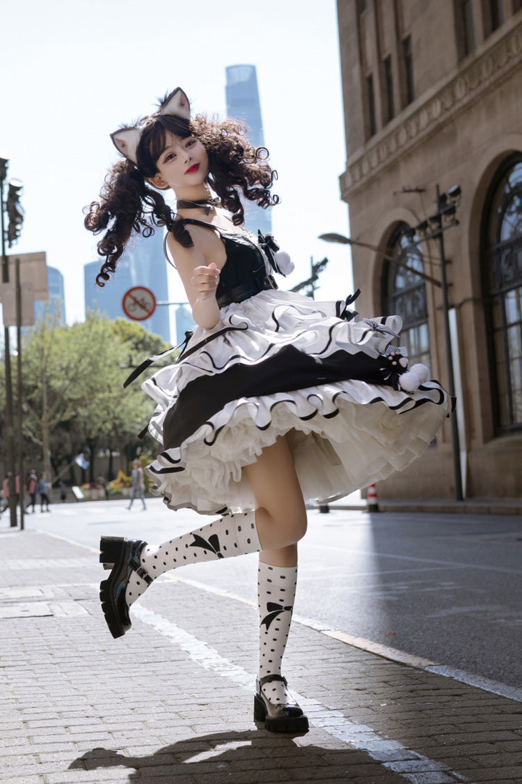Black/White Cat Fist Triple-Layered Ruffle Bowknot Sweet Lolita Jsk Dress