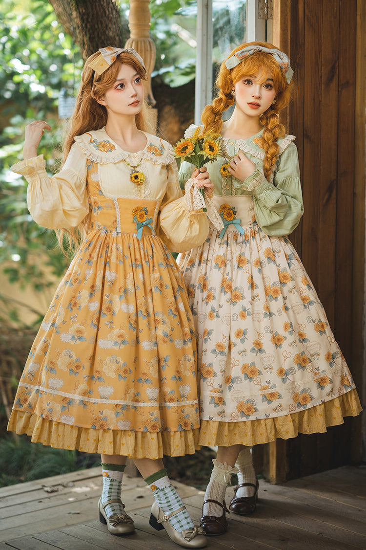 Apricot Gardening Sunflower Sleeveless Print Ruffle Bowknot Sweet Elegant Uplift Lolita Jsk Dress