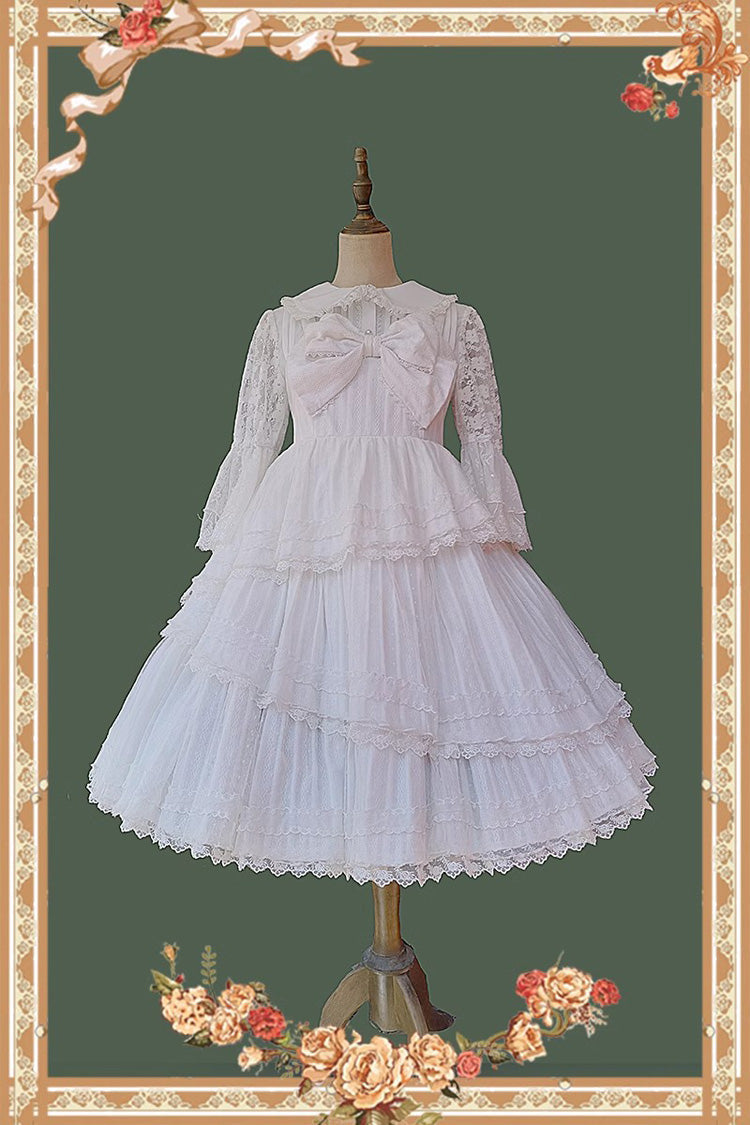 White Solid Color Tower of Dawn Bowknot Sleeveless Ruffle Sweet Lolita Dress