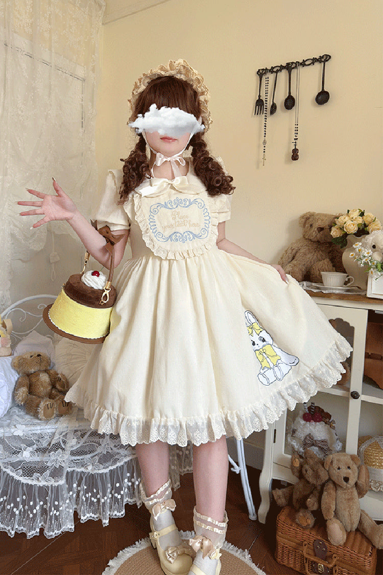 Apricot Sweet Dream Bunny Doll Collar Short Sleeves Ruffle Embroidery Bowknot Sweet Plus Size Lolita Dress