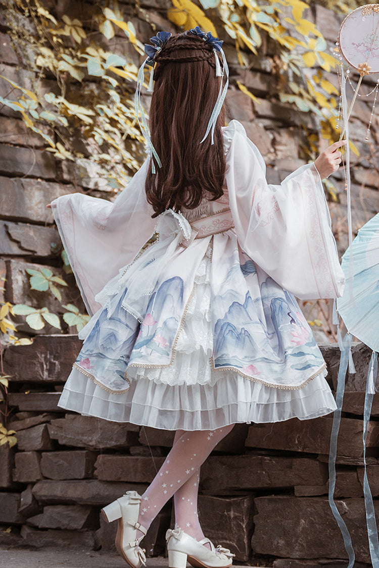 Chinese Style Long Sleeves Landscape Painting Print Bowknot Sweet Elegant Lolita Dress 2 Colors
