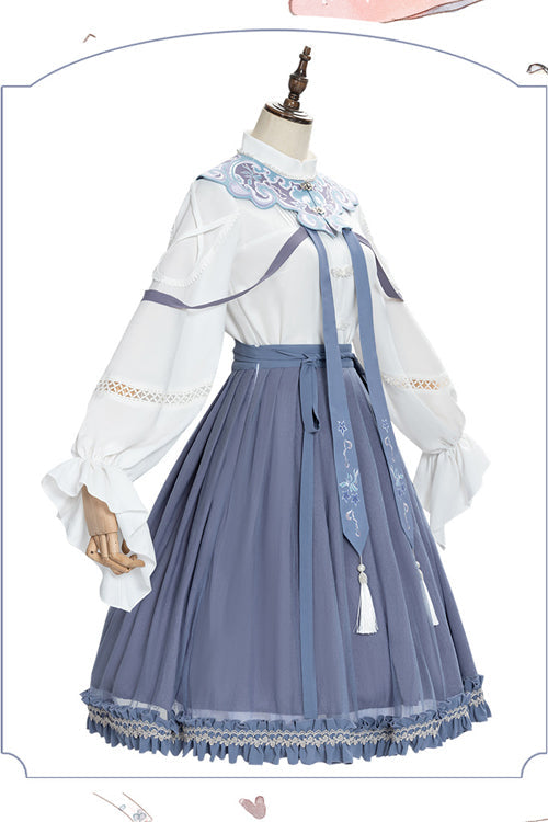 White/Blue Chinese Style Hollow Long Sleeve Classic Lolita Dress Full Set