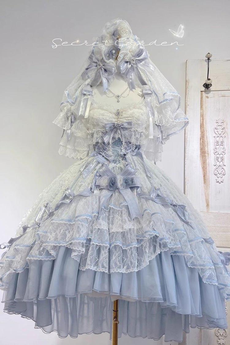 Blue Diane Rose Short Sleeves Multi-Layered Jacquard Ruffle Hanayome Cardigan Bowknot Lace Sweet Lolita Dress