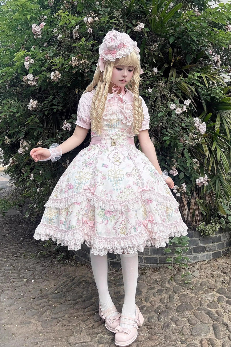 White/Pink Sleeveless Flower Wall Print Ruffle Bowknot Lace Sweet Lolita Jsk Dress