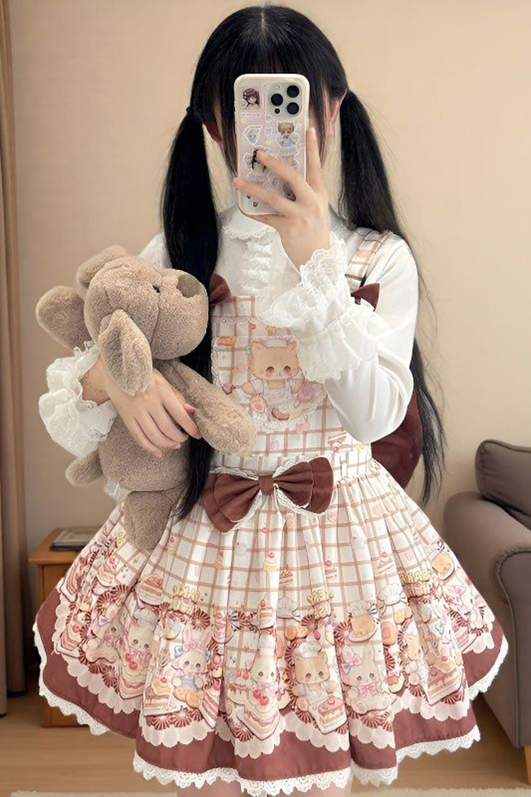 Bear Cake Sleeveless Print Bowknot Lace Doll-Style Sweet Lolita Suspender Dress 3 Colors