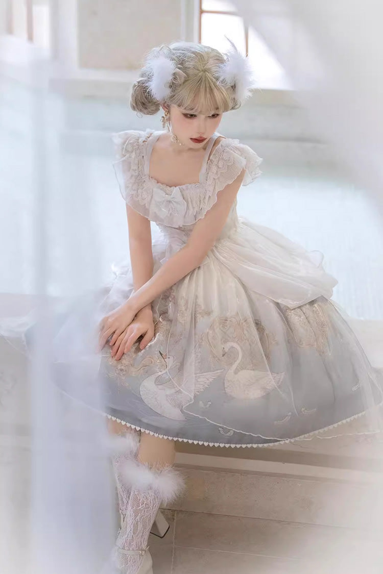 White/Blue Flower and Letter Swan Lake Print Ruffle Bowknot Elegant Lolita Jsk Dress