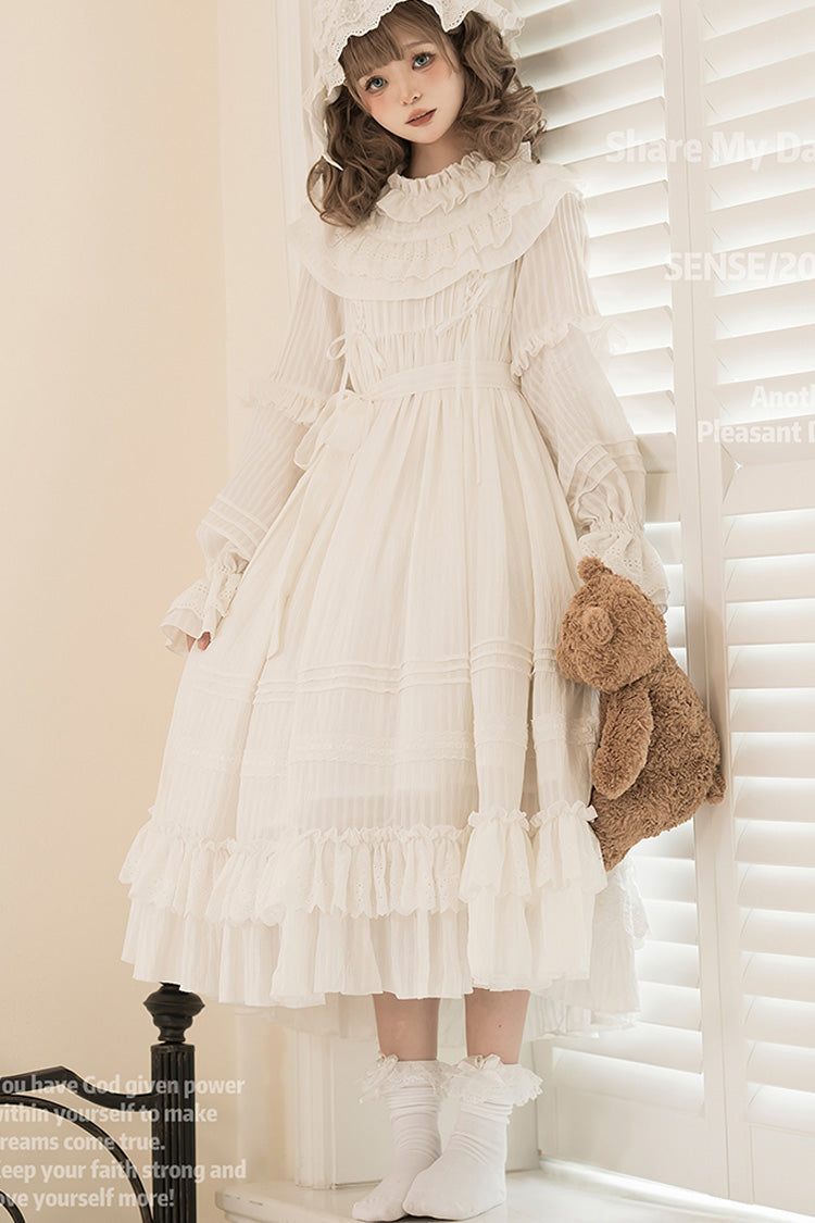 White Good Night Long Sleeves Double-Layered Ruffle Bowknot Lace-Up Holy Sweet Lolita Dress