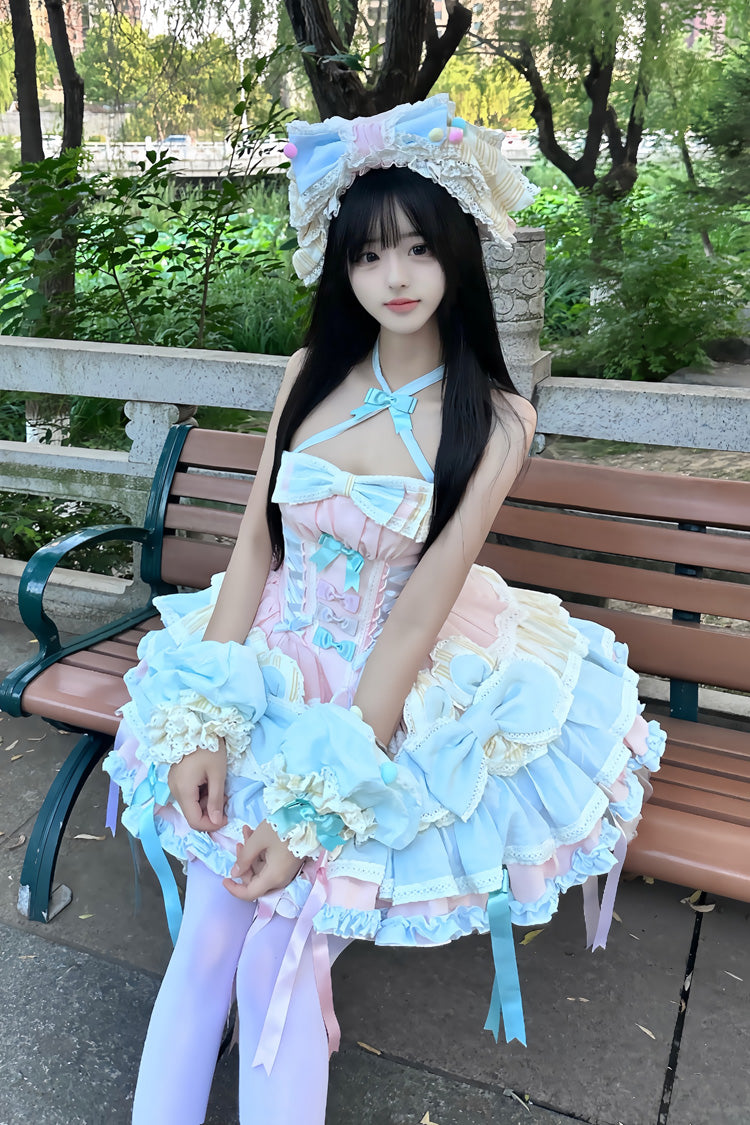 Multi-Color Ribbon Dance Multi-Layered Ruffle Bowknot Lace-Up Sweet Princess Lolita Dress