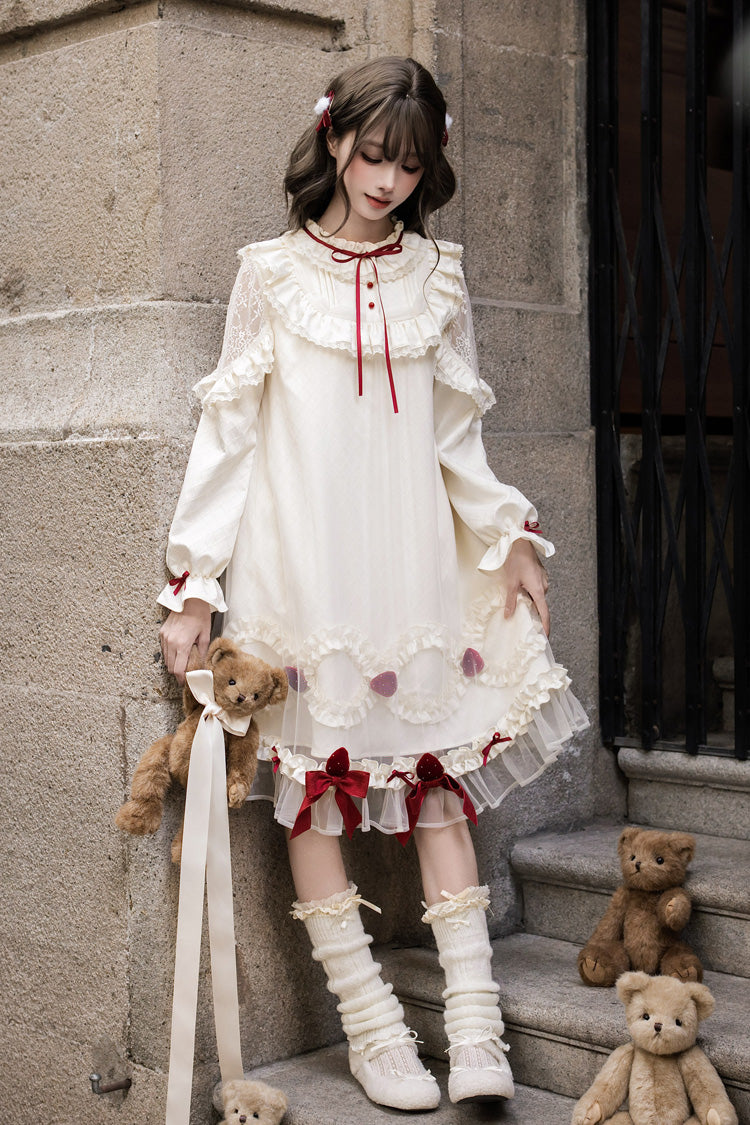 Ivory Strawberry Cream Cake Stand Collar Long Sleeves Ruffled Bow Lace Sweet Lolita Dress