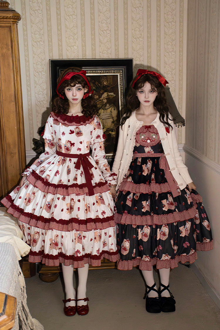 Blue/Pink Bell Strawberry Farm Embroidery Print Triple-Layered Ruffle Sweet Lolita JSK Dress