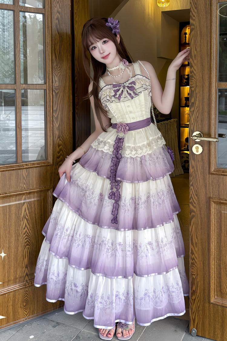 Purple Lilac Thoughts Sleeveless Gradient Multi-Layered Print Ruffle Bowknot Lace Sweet Lolita Dress Set