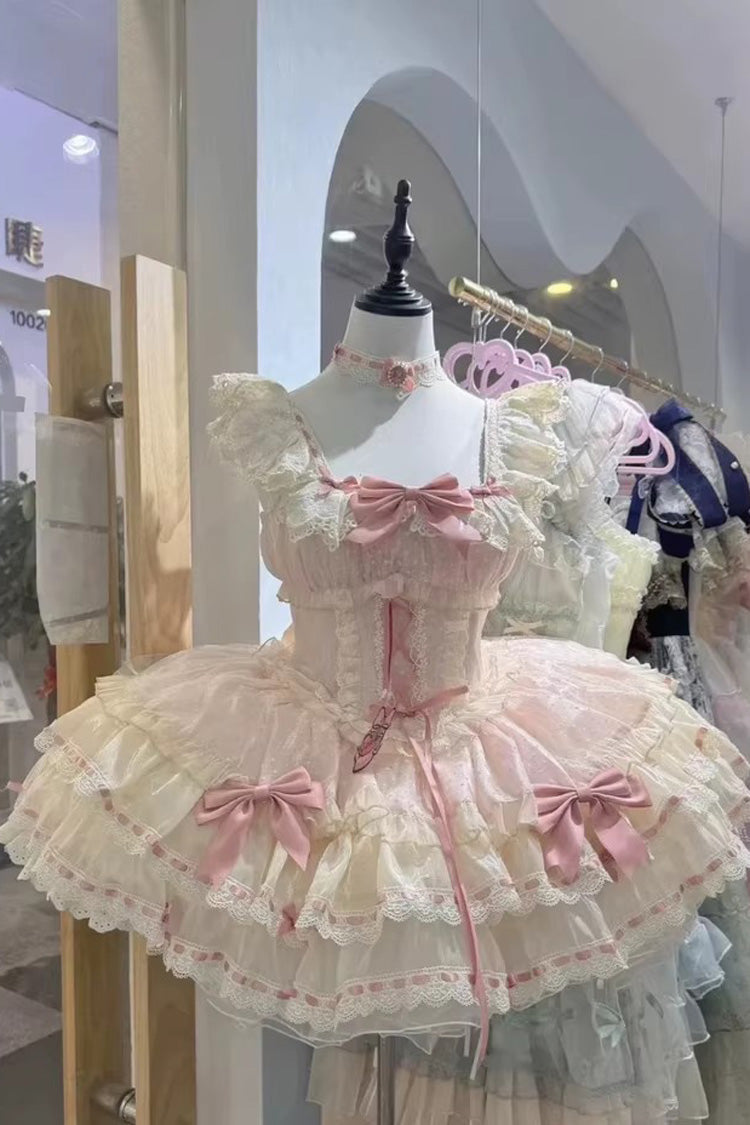 Pink Flory Butterfly Double-Layered Ruffle Bowknot Lace Lace-Up Sweet Ballet Lolita Jsk Dress