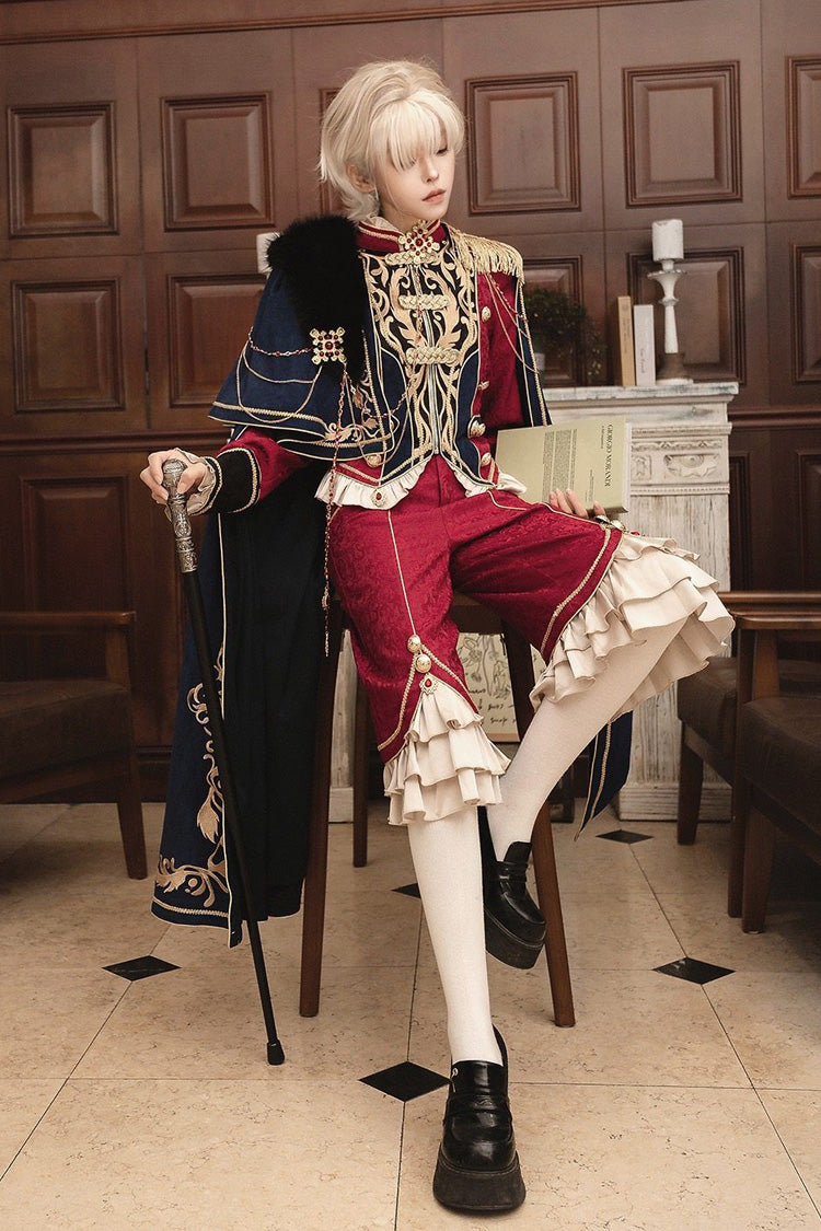 Red/Blue Royal Glory Stand Collar Long Sleeves Ruffled Embroidered Gothic Vintage Prince Palace Ouji Lolita Set