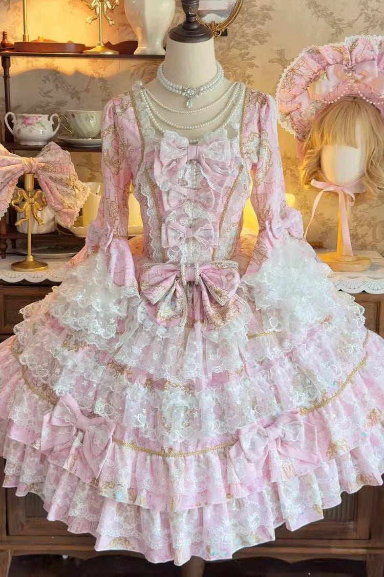Pink Candlelight Elegance Long Trumpet Sleeves Multi-Layered Ruffle Bowknot Lace Sweet Elegant Lolita Dress