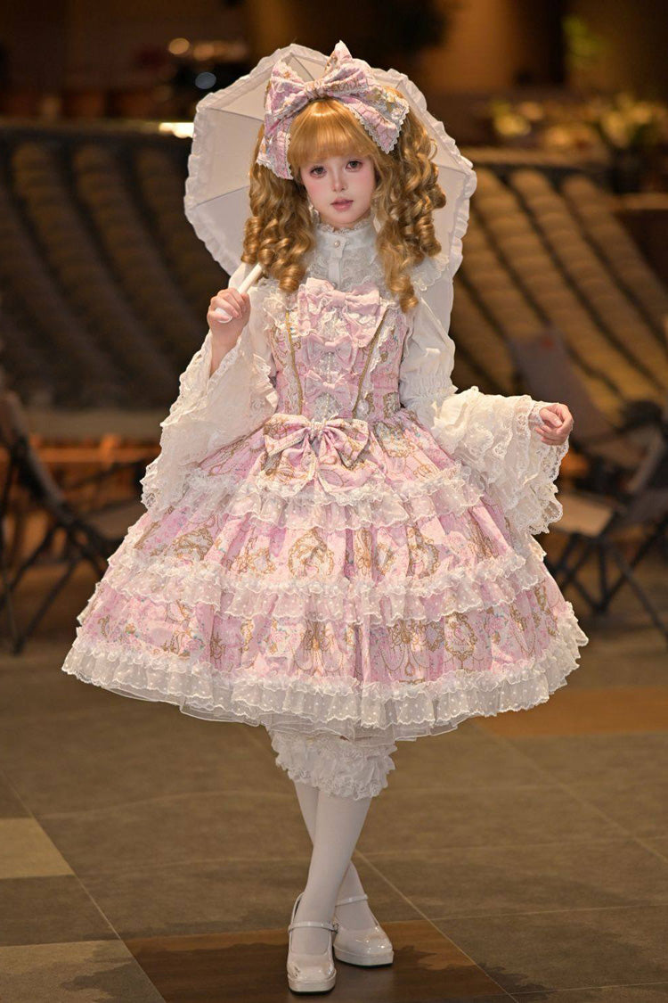 Pink Candelabrum Elegy Sleeveless Triple-Layered Flower Wall Printed Ruffled Bow Lace Sweet Lolita Jsk Dress