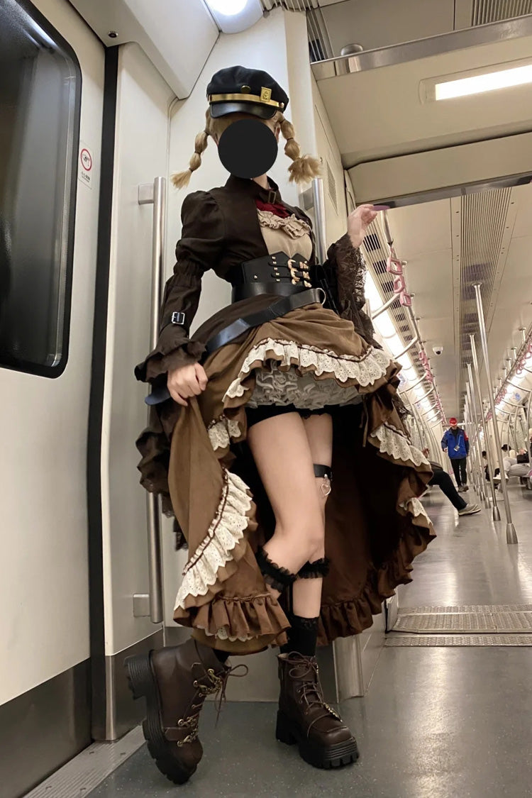 Brown Ruffle Irregular Handsome Punk Lolita Dress Set