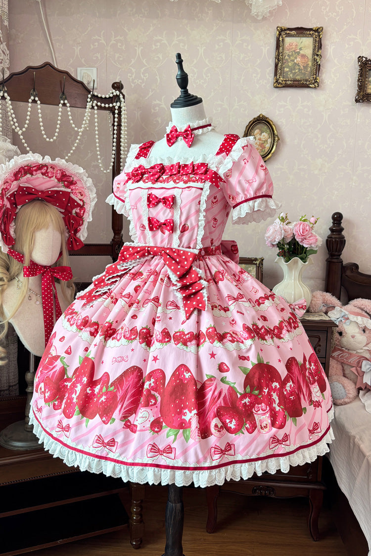 Pink Strawberry Gift Box Short Sleeves Print Ruffle Bowknot Lace Sweet Lolita Dress