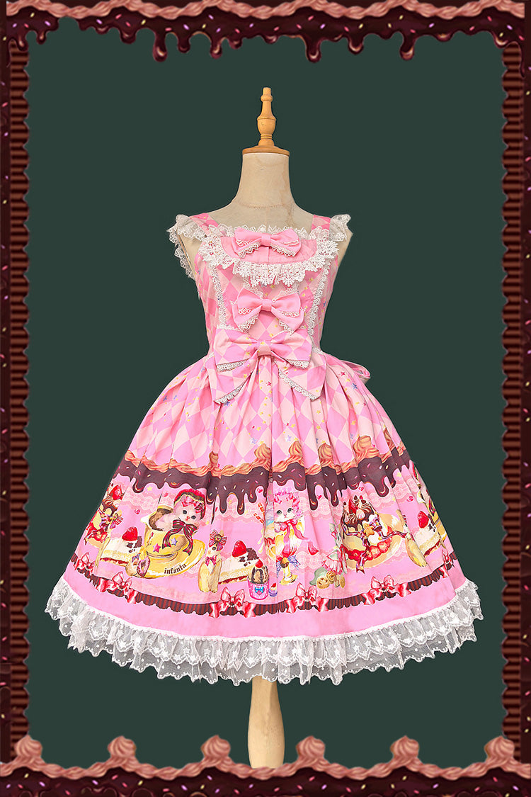 Cream Meow Sleeveless Print Bowknot Lace Sweet Lolita Jsk Dress 3 Colors