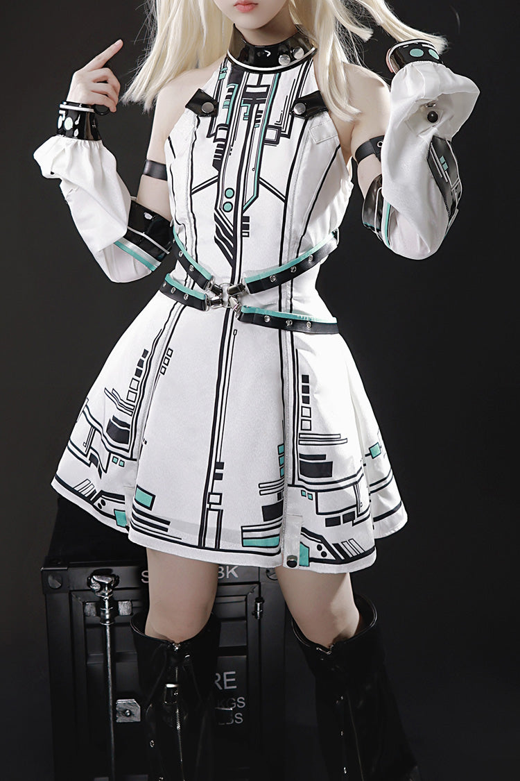 White Mecha Battle Maiden Stand Collar Print Futuristic Style Sweet Handsome Lolita Dress