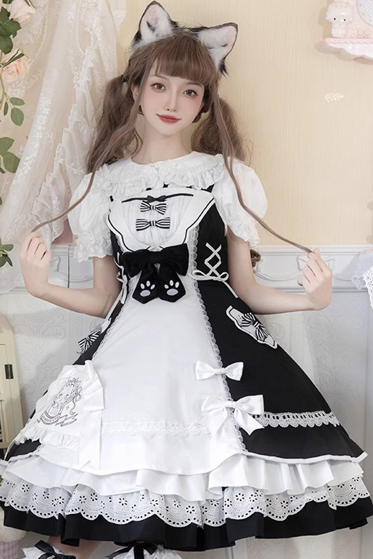 White/Black Cat Print Ruffle Bowknot Maid Sweet Lolita Dress