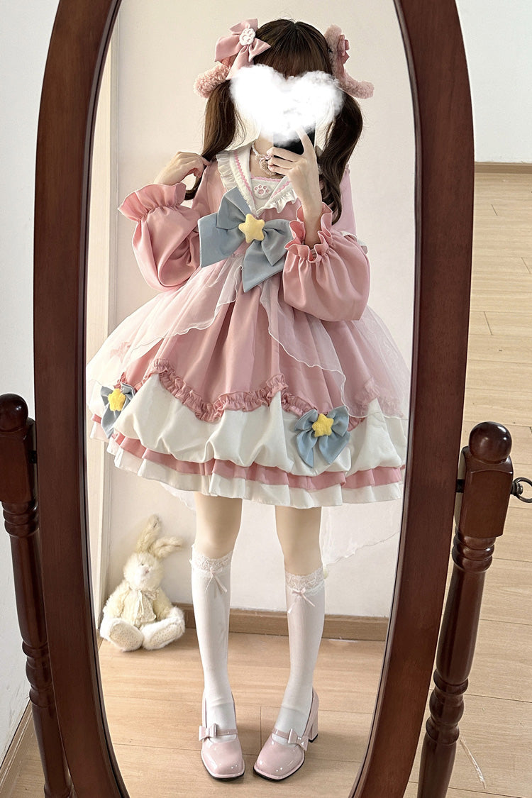 Pray Star Long Sleeves Double-Layered Ruffle Bowknot Stitching Lace Sweet Lolita Dress 5 Colors