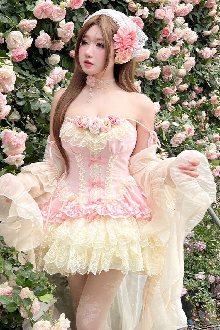 Pink Pure Dream Flower Love Multi-Layered Ruffle Embroidery Bowknot Lace Sweet Lolita Jsk Dress