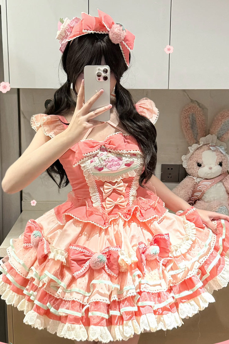 Pink Multi-Layered Cream Strawberries Print Ruffle Bowknot Sweet Lolita Tiered Dress