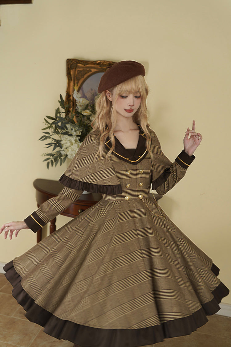 Brown Baker Street Stories Stripe Print Ruffle Fake Two Pieces British College Style Classic Lolita Dress