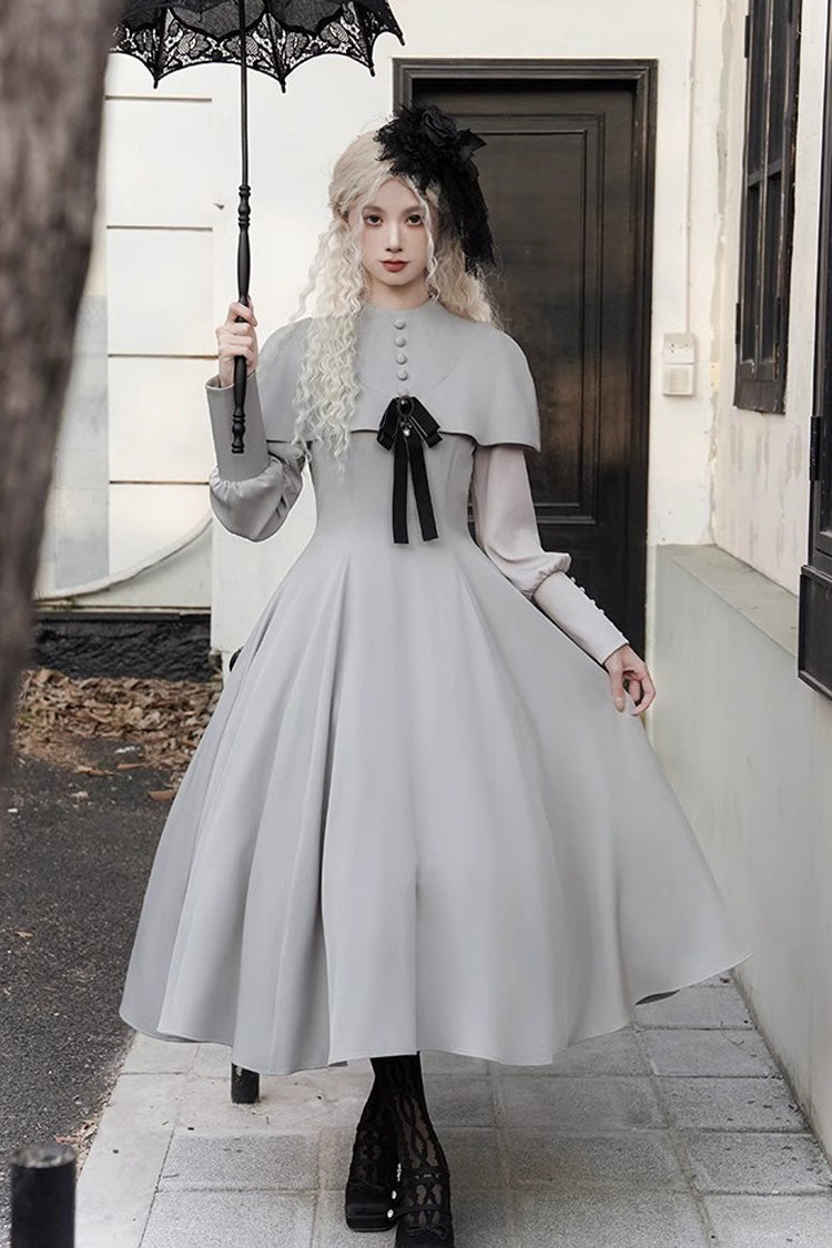 Grey Thirteenth Evening Long Sleeves Slim Gothic Elegant Lolita Dress