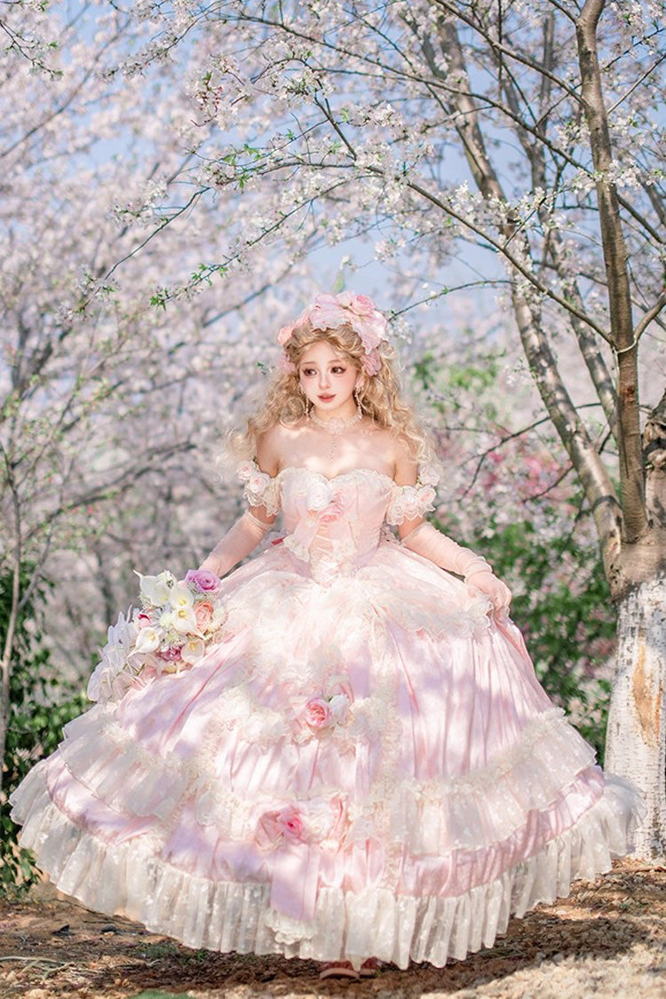 Pink Love and Roses Ruffle Hanayome Bowknot Lace Sweet Princess Lolita Jsk Dress