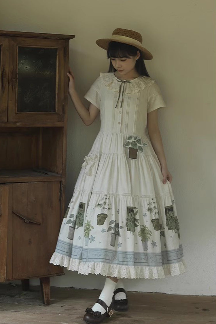 Ivory Potted Plant Short Sleeves Print Ruffle Sweet Lolita Dress