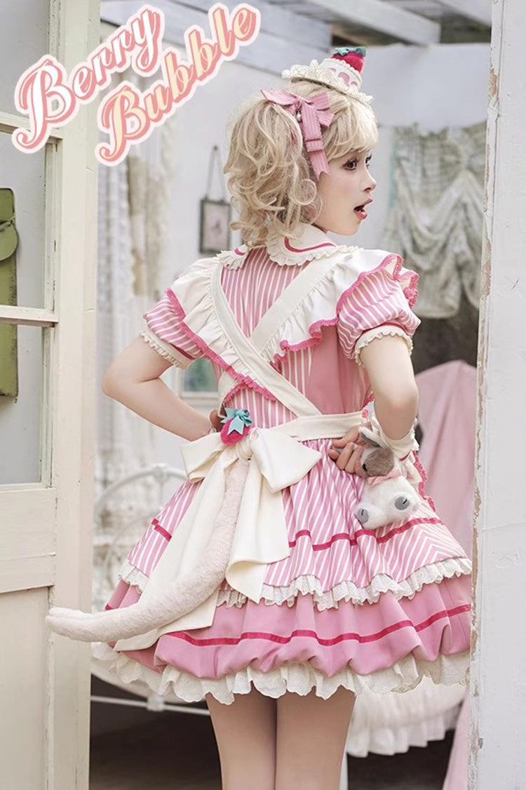 Pink Berry Bubbles Stripe Print Ruffle Bowknot Lace Sweet Lolita Dress