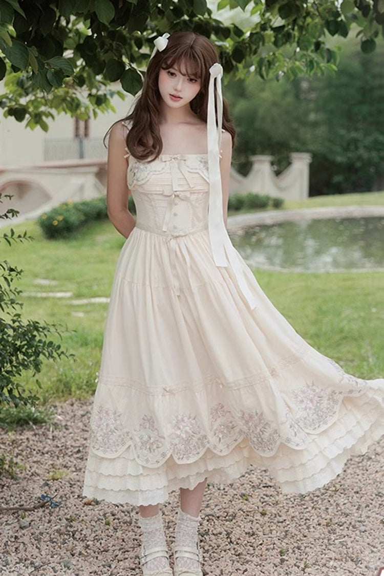 Apricot Fantasy Butterfly Triple-Layered Ruffle Embroidery Bowknot Lace Sweet Princess Lolita Jsk Dress