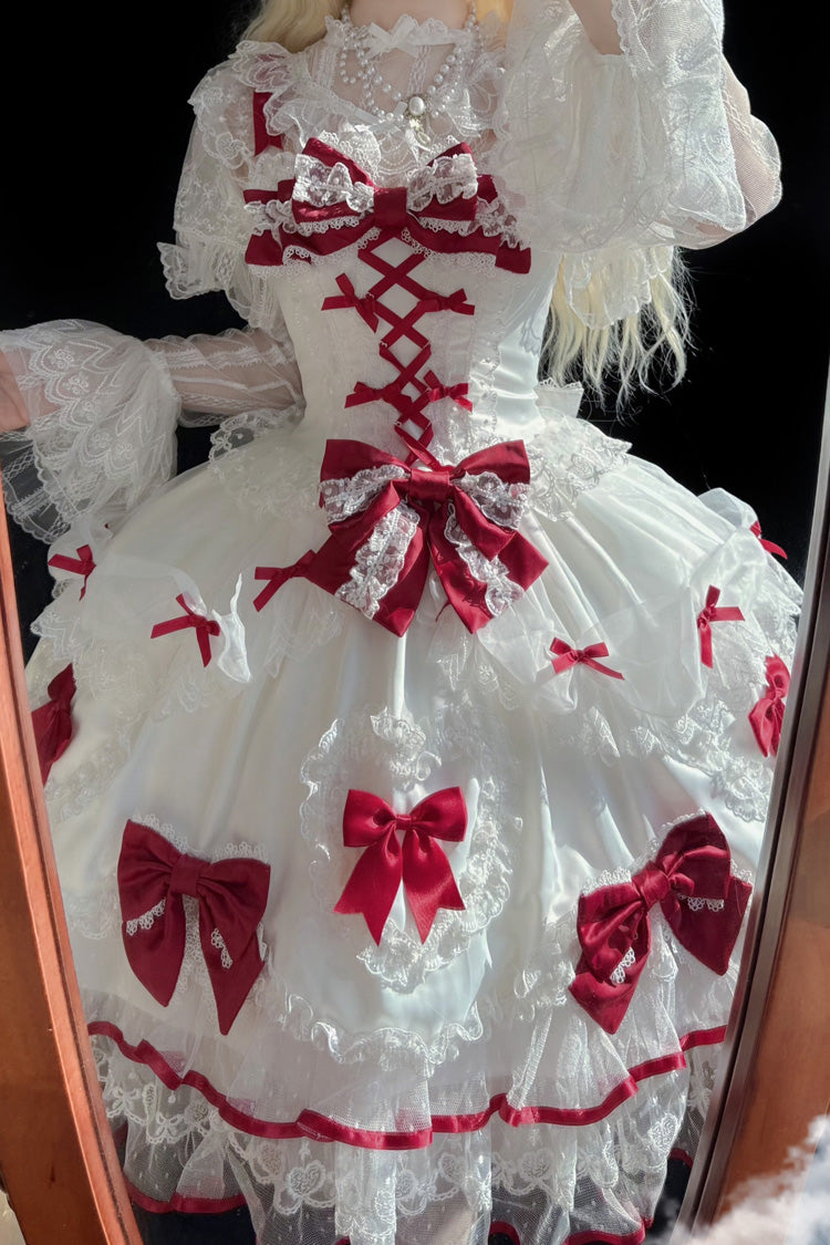 White/Red Sweetheart Sleeveless Multi-Layered Embroidered Bow Lace Lace-Up Sweet Lolita Jsk Dress