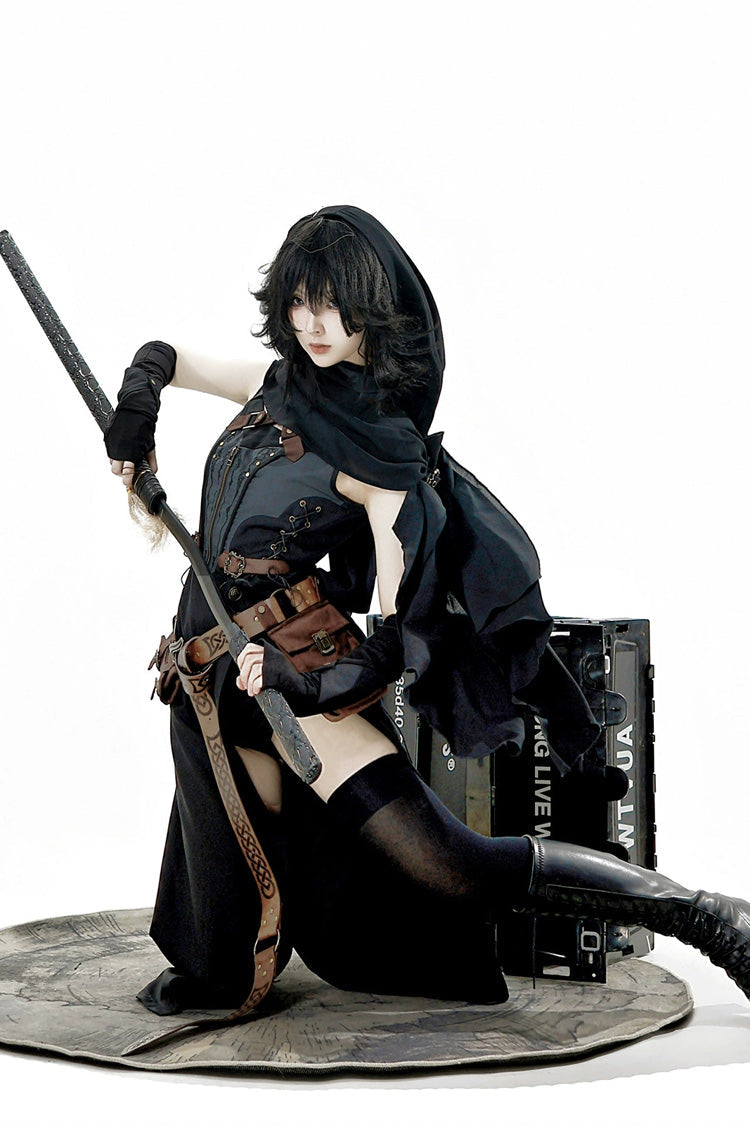 Black Shadow Wasteland Sleeveless Lace-Up Zipper Punk Lolita Dress