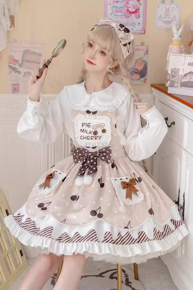 Multi-Color Cherry Milk Pie Print Ruffle Bowknot Stitching Sweet Lolita Jsk Dress