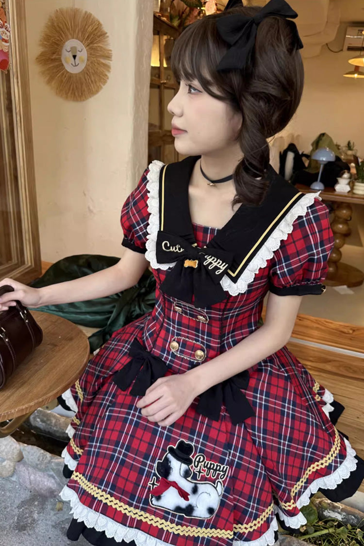 Red Dalmatian Short Sleeves Print Ruffle Bowknot Slim Sweet Lolita Dress