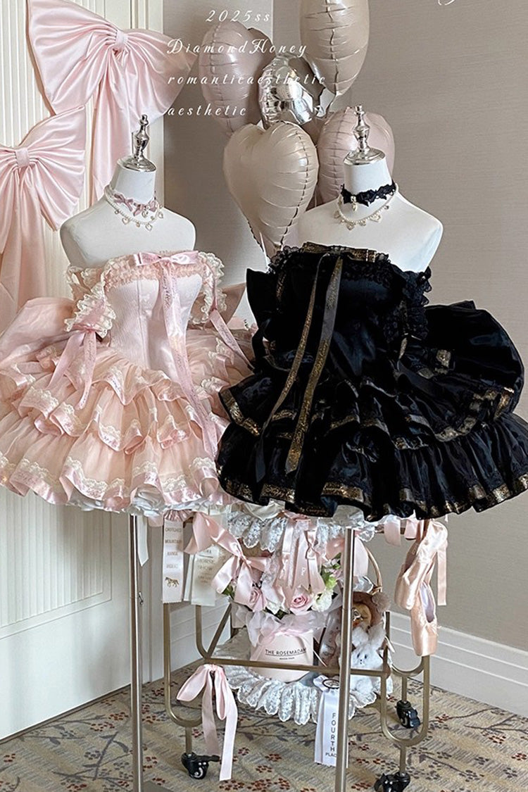 Pink Princess Ribbon Off Shoulder Triple-Layered Ruffle Bowknot Sweet Lolita Dress