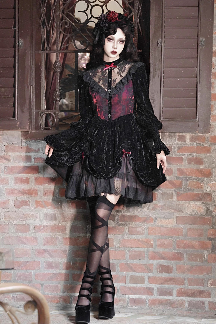 Black/Red Rose Cemetery Long Puff Sleeves Hollow Lace Gothic Lolita Dress