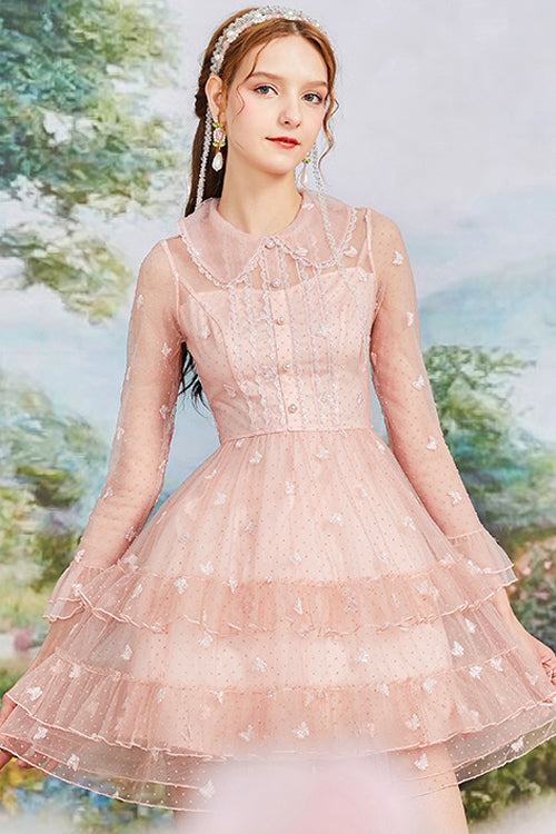 Pink Vintage French Doll Collar Ruffled Long Sleeves Mesh Embroidered Sweet Lolita OP Dress