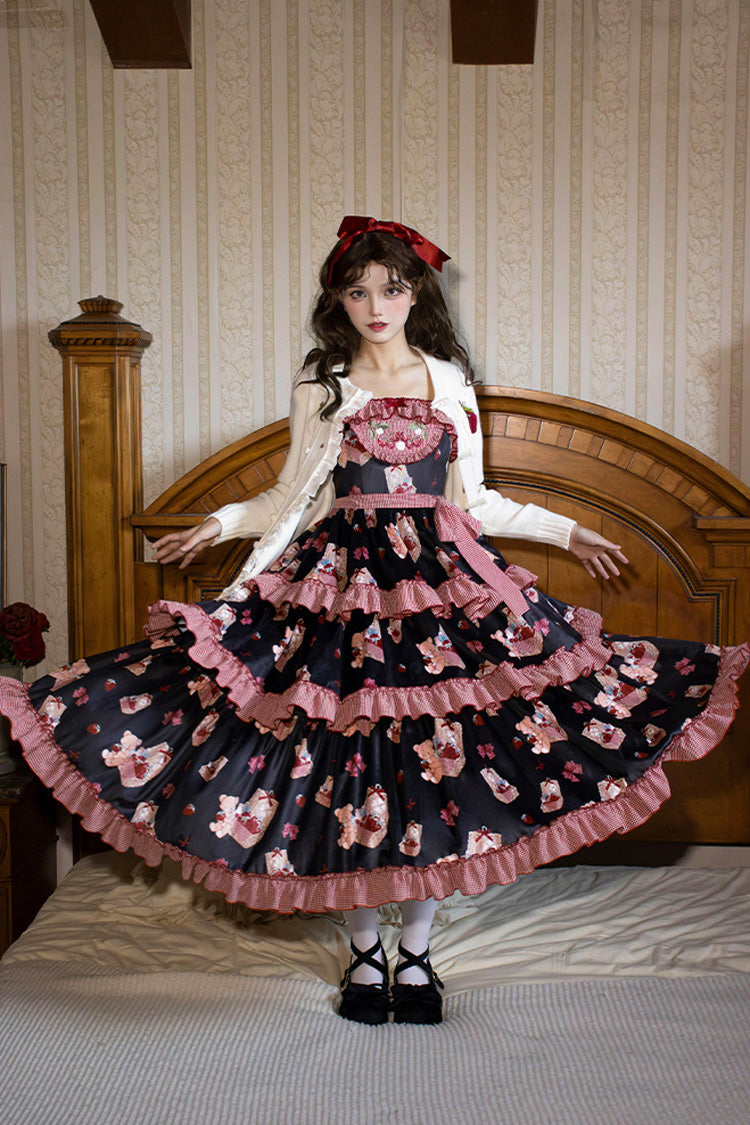 Blue/Pink Bell Strawberry Farm Embroidery Print Triple-Layered Ruffle Sweet Lolita JSK Dress