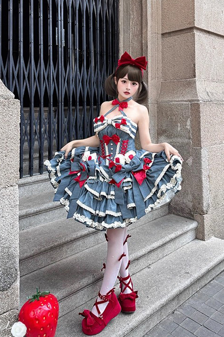 Blue Milk Rabbit Theater Halterneck Sleeveless Triple-Layered Ruffle Bowknot Lace-Up Sweet Lolita Jsk Dress